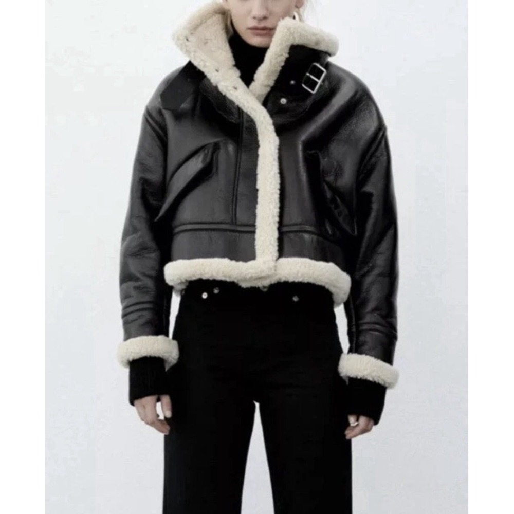 ZARA Brown Faux Leather Shearling Aviator Jacket Sz L Oversized Moto Bomber Cozy
